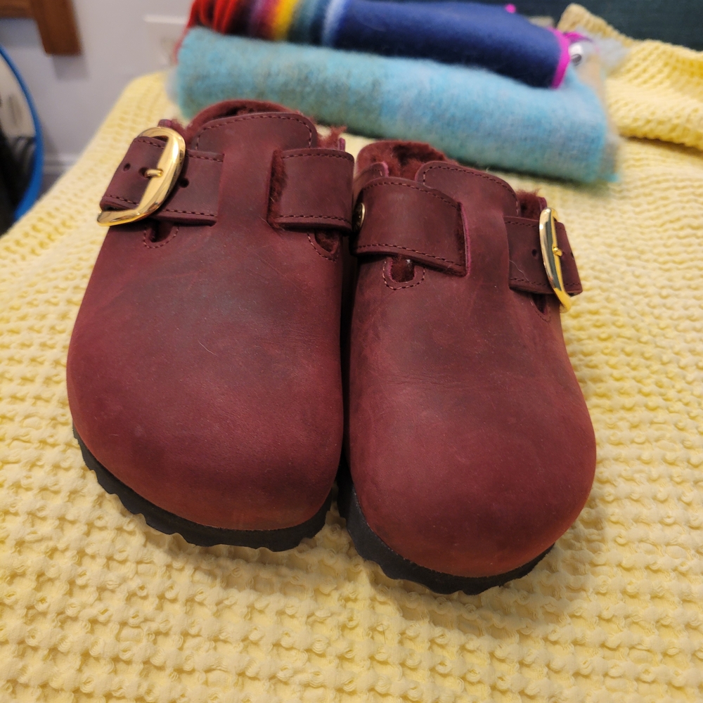 Birkenstock Maroon Suede Mules with Gold Buckle